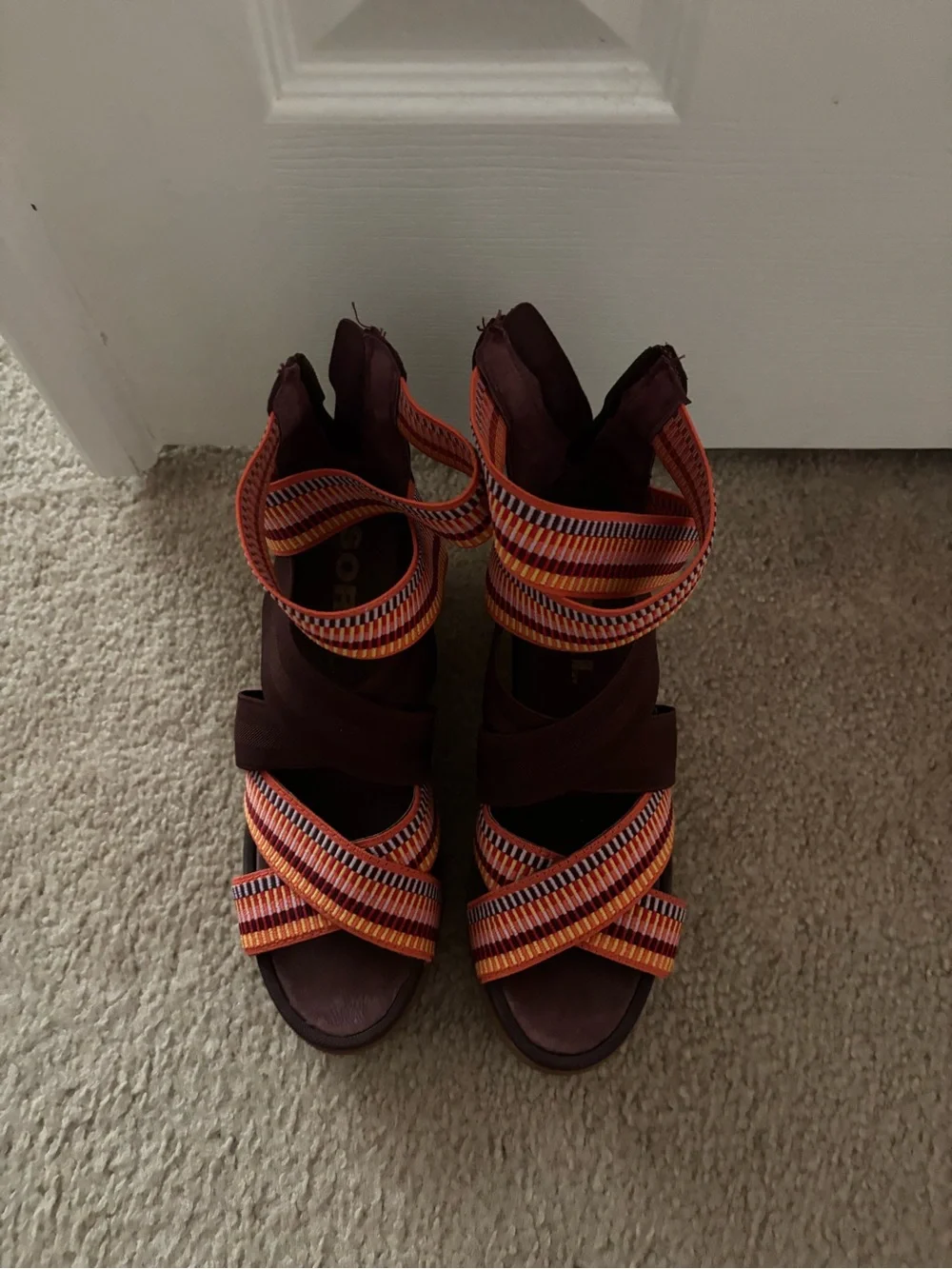 Sorel Women’s Strappy Wedge Sandals in Burgundy and Orange